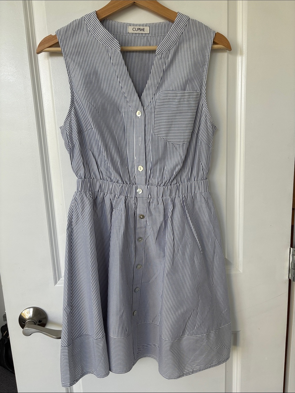 Cupshe Blue & White Pinstripe Sleeveless Button Dress